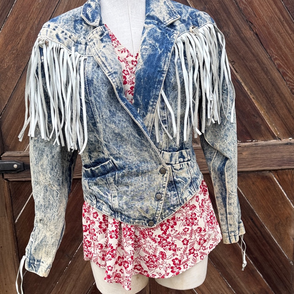 By Phoenix Western Jacket Denim w leather fringe M Vtg Frontier